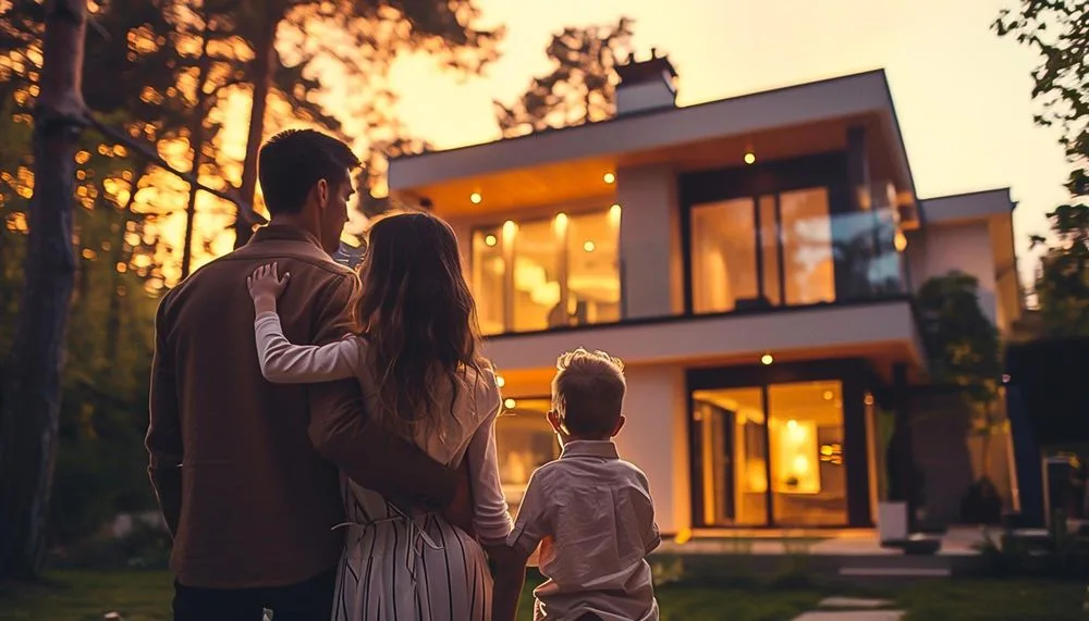 Família em frente à casa iluminada ao entardecer